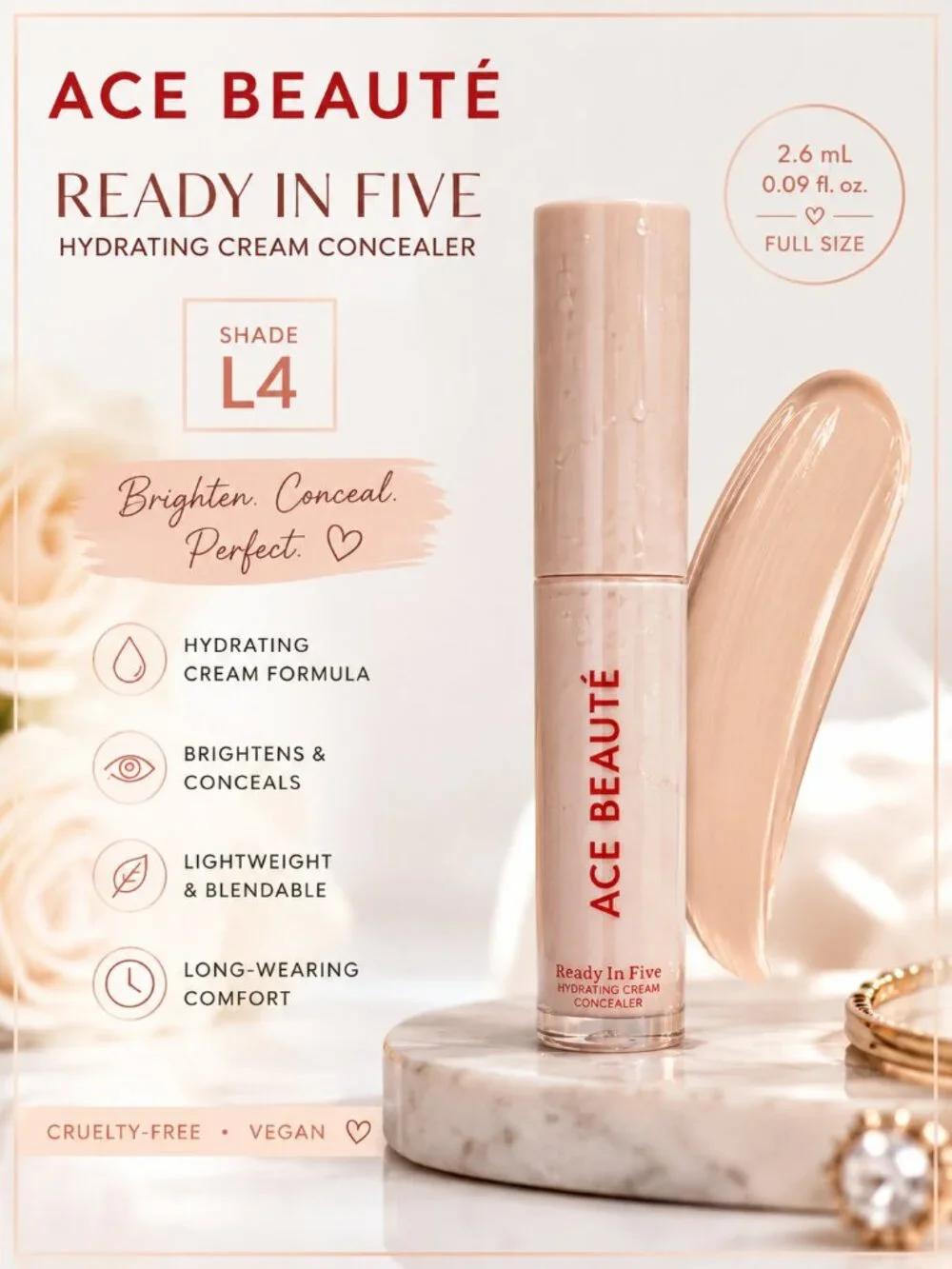 ACE BEAUTÉ Ready In Five Hydrating Cream Concealer L4 Full Size New Vegan